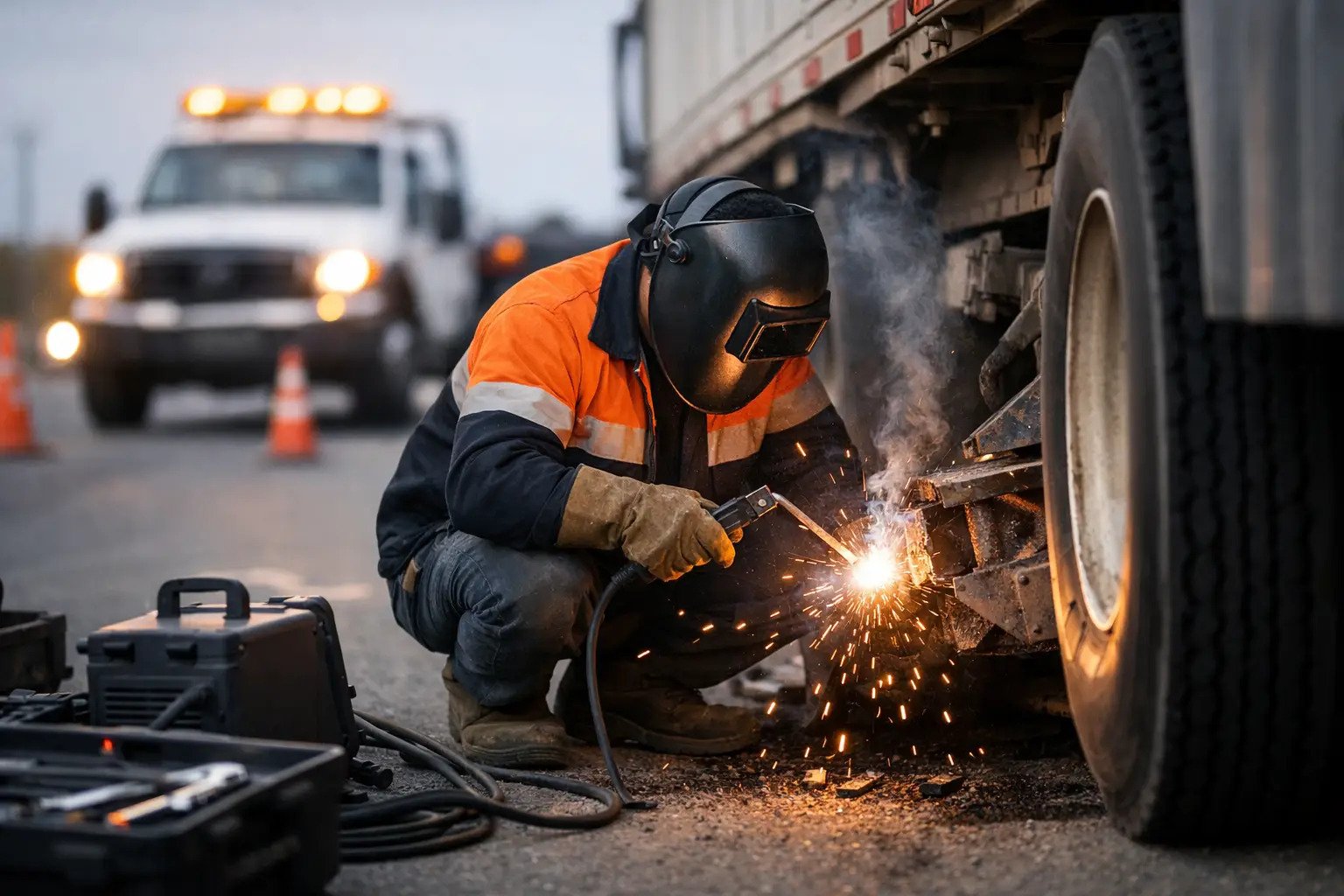 Mechanic working on a truck with tools and equipment